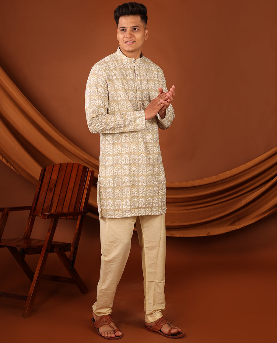 Light Sandal Floral Butta Enclosed Arches Printed Full-Sleeved Men's Kurta