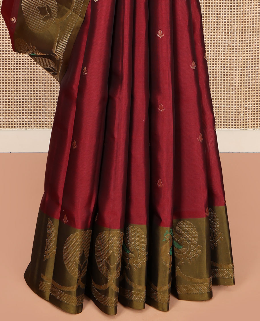 Red Mayuri Lite Silk Mix Saree, Accentuated with Zari Buttas All Over Its Body, Complemented by Contrast Border of Peacock Designs, Contrast Pallu of Vanki Designs, and Paired with a Contrast Blouse
