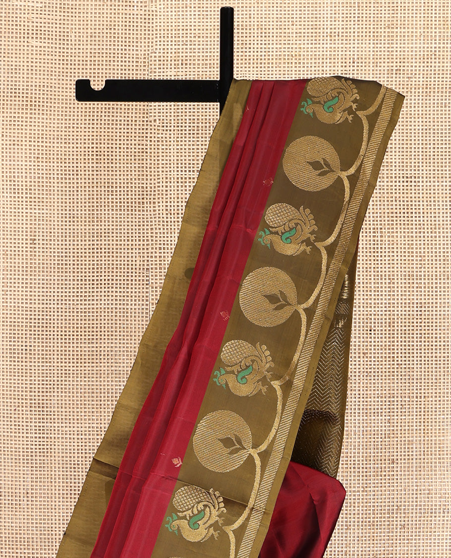 Red Mayuri Lite Silk Mix Saree, Accentuated with Zari Buttas All Over Its Body, Complemented by Contrast Border of Peacock Designs, Contrast Pallu of Vanki Designs, and Paired with a Contrast Blouse