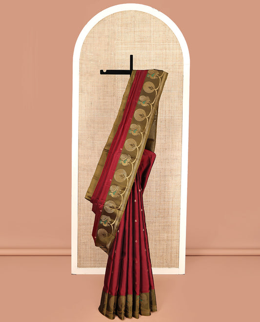 Red Mayuri Lite Silk Mix Saree, Accentuated with Zari Buttas All Over Its Body, Complemented by Contrast Border of Peacock Designs, Contrast Pallu of Vanki Designs, and Paired with a Contrast Blouse
