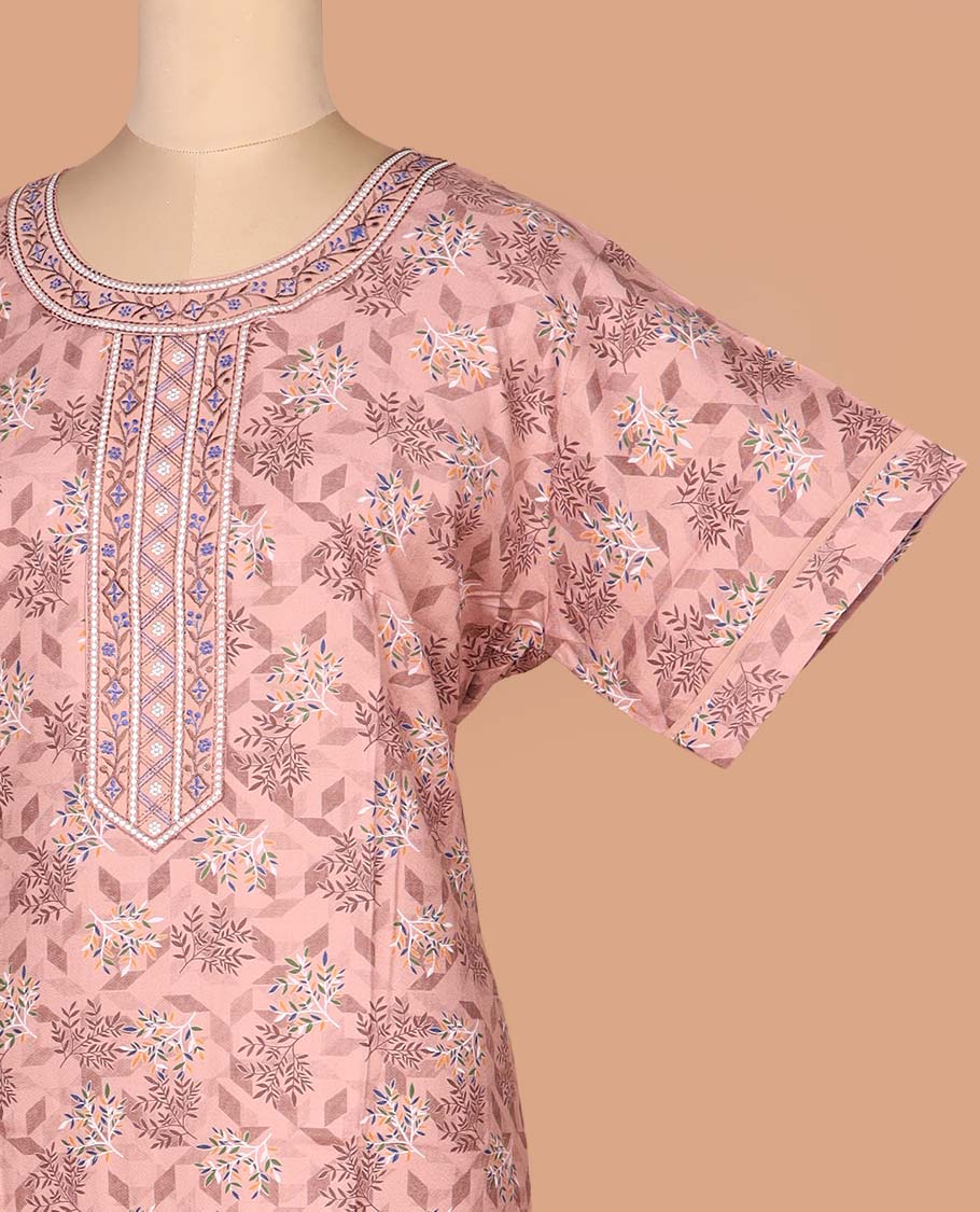 Pink floral-geometric printed with round neck embroidered half-sleeve cotton nighty
