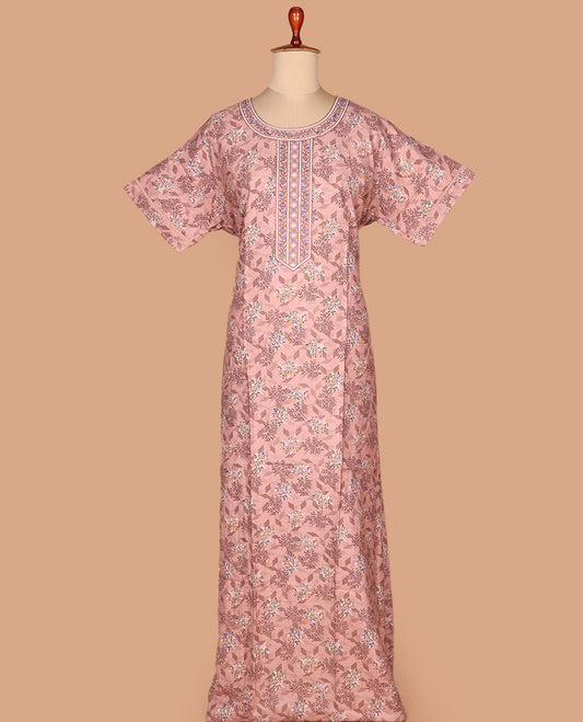 Pink floral-geometric printed with round neck embroidered half-sleeve cotton nighty