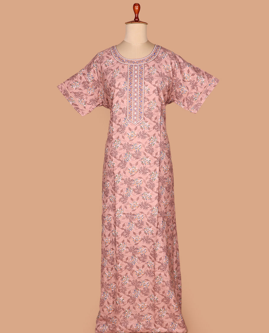 Pink floral-geometric printed with round neck embroidered half-sleeve cotton nighty