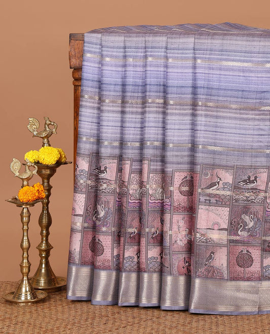 Blue horizontal zari striped with bird motifs printed soft tusser saree, traditional zari border & geometric printed pallu