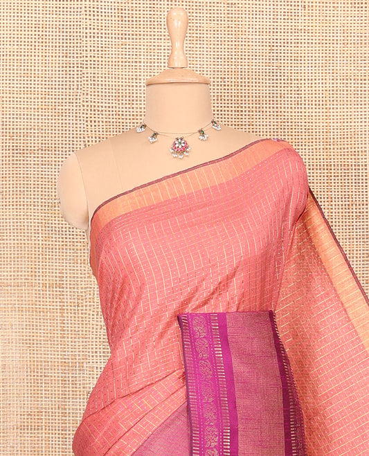 Pink zari dot enclosed checked semi-raw silk saree, contrast traditional zari design border, contrast diamond patterned pallu, and a contrast blouse