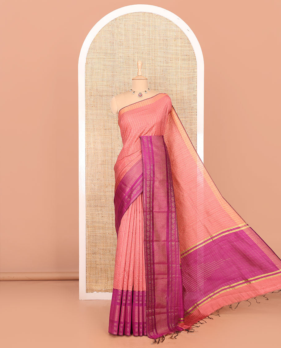 Pink zari dot enclosed checked semi-raw silk saree, contrast traditional zari design border, contrast diamond patterned pallu, and a contrast blouse