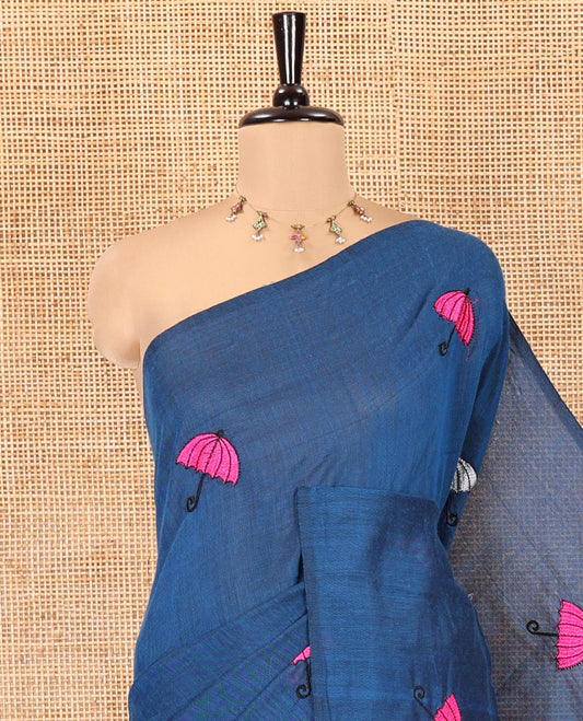 Borderless Blue Khadi Cotton Saree, Delicately Woven with Umbrella Motifs, Thread Embroidered on Its Body, a Self-Pallu, and Paired with a Matching Blouse