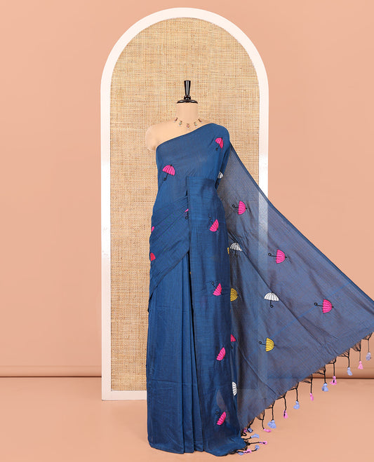 Borderless Blue Khadi Cotton Saree, Delicately Woven with Umbrella Motifs, Thread Embroidered on Its Body, a Self-Pallu, and Paired with a Matching Blouse