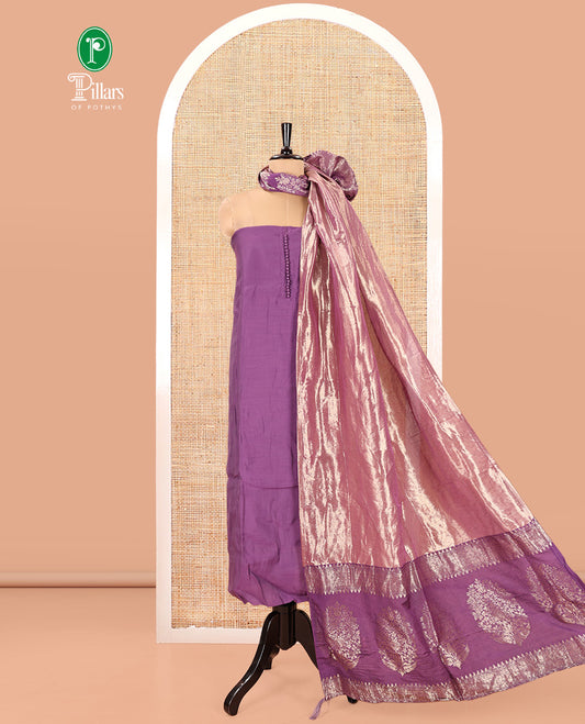 Dark Lavender Mul Chanderi Material Chudidar Set, Delicately Woven with Pom-Pom Neckline on Its Top, a Plain Bottom, and Paired with a Banaras Tissue Zari Decked Up Dupatta