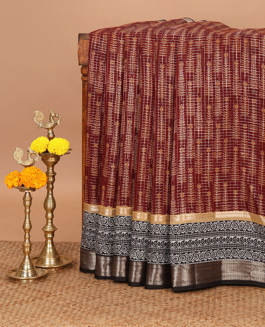 Maroon checked chanderi cotton saree printed with pine-tree motifs,contrast traditional zari border & zari checked pallu