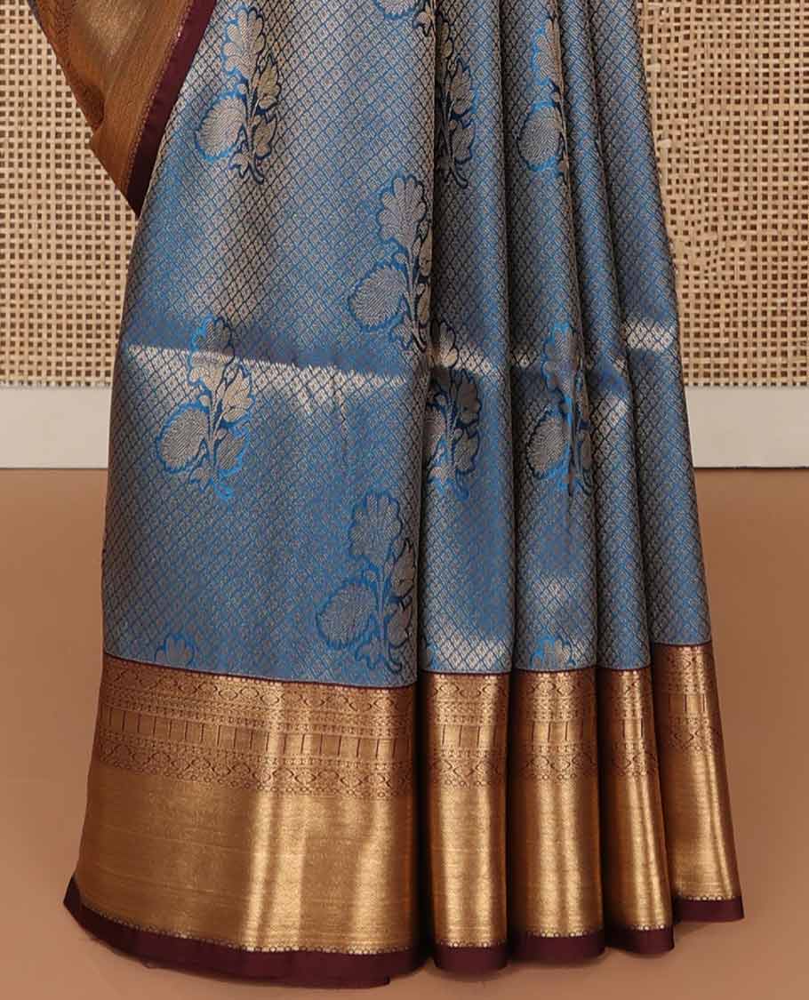 Blue checked, floral motifs soft silk saree with contrast zari design border & floral design pallu