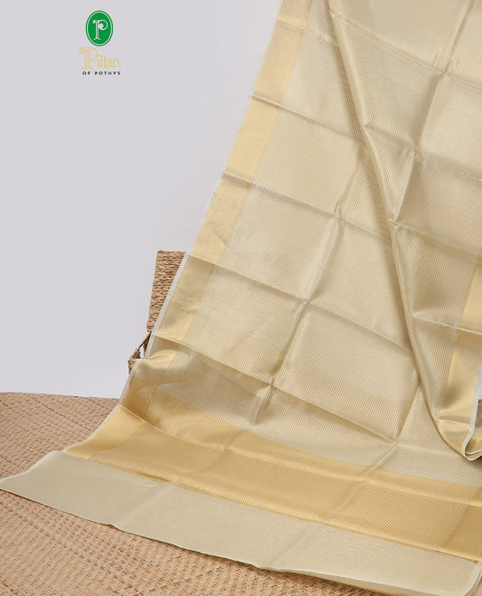 beige striped semi tissue saree with contrast border & striped pallu