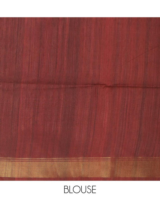 Sandal plain tussar silk saree, contrast brown bavanji border, and pallu of Mughal and Pichwai inspired motifs