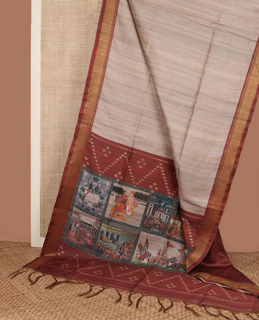 Sandal plain tussar silk saree, contrast brown bavanji border, and pallu of Mughal and Pichwai inspired motifs