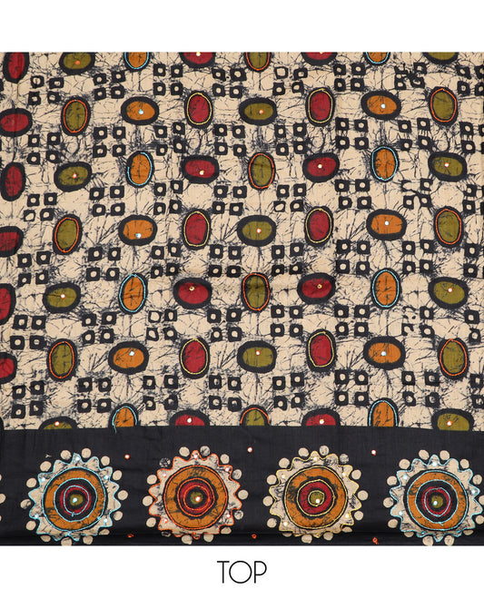 Black cotton material chudidar set, batik style geometric printed with mirror work top, contrast green plain bottom and batik printed dupatta