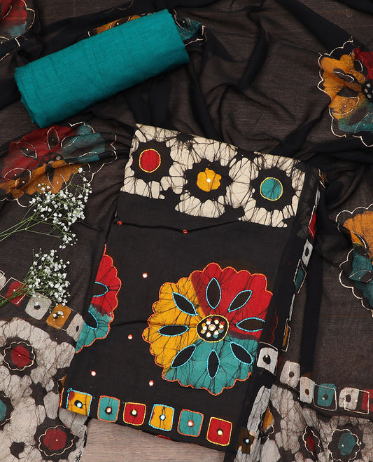 Multi-color material chudidar set, batik printed with mirror embroidered top, contrast blue batik printed bottom, and batik printed dupatta