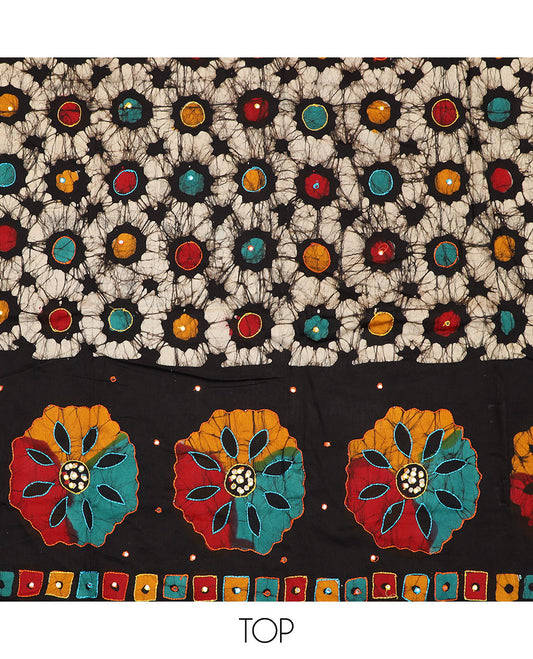 Multi-color material chudidar set, batik printed with mirror embroidered top, contrast blue batik printed bottom, and batik printed dupatta