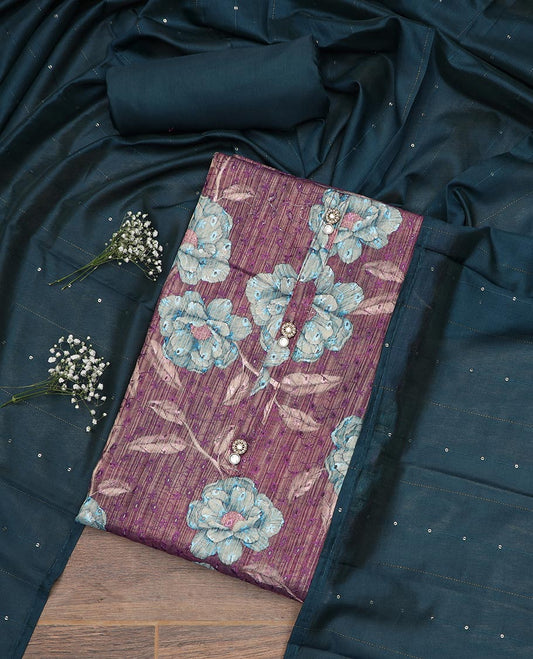 Purple material chudidar set, floral print with thread embroidered top, contrast plain bottom and sequins striped dupatta