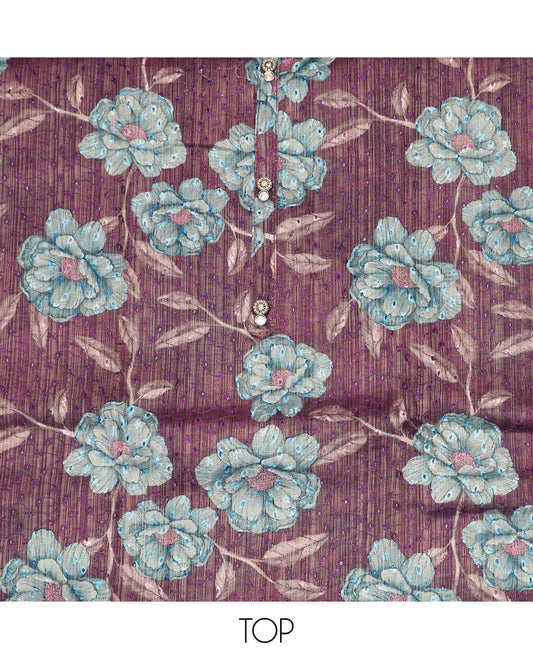 Purple material chudidar set, floral print with thread embroidered top, contrast plain bottom and sequins striped dupatta