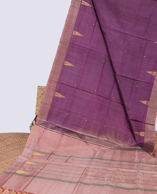 Purple temple buttas banana pith saree with contrast plain border & striped , temple buttas pallu