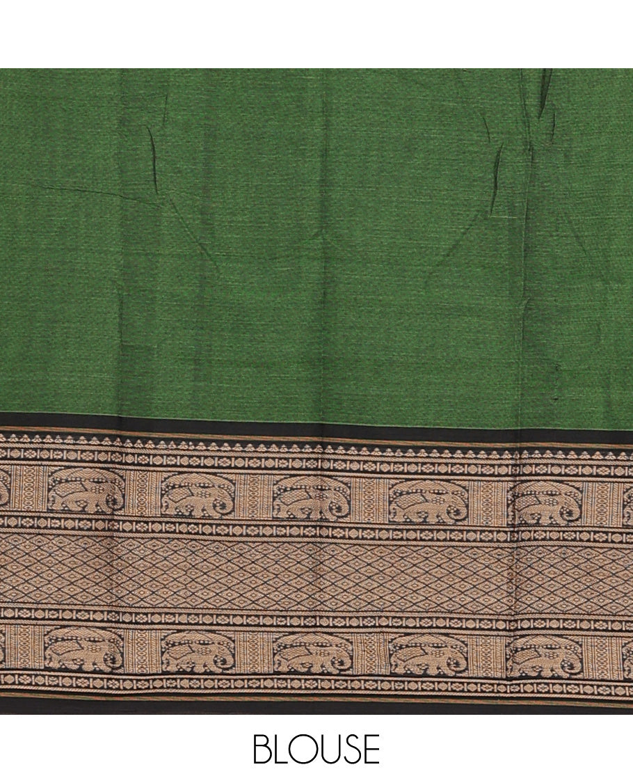 Green cotton half-saree, plain with contrast traditional motifs bordered skirt, matching blouse, and contrast elephant motif dhavani