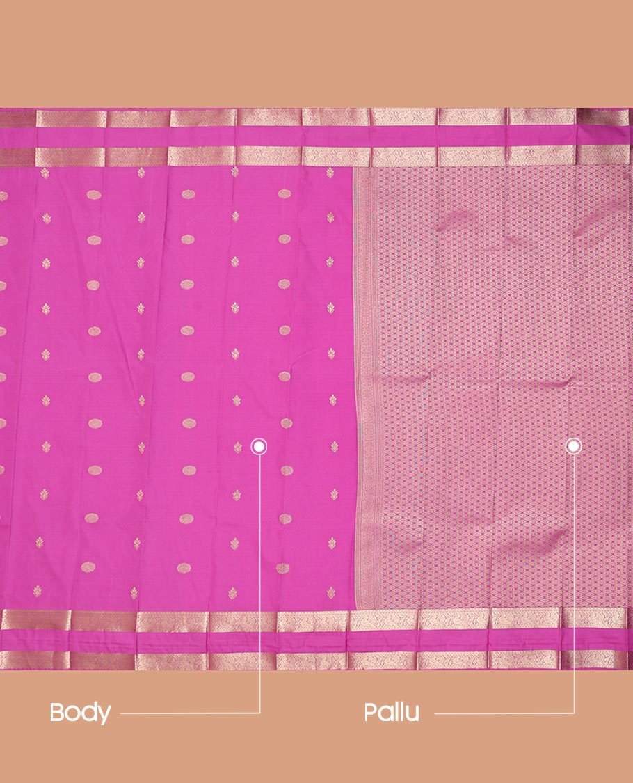 Pink Budget Silk Saree, Finely Crafted with Zari Buttas, Embellished with Traditional Zari Motifs Steeped Rettai Pettu Border, Adorned with Jaal Pallu, and a Matching Blouse