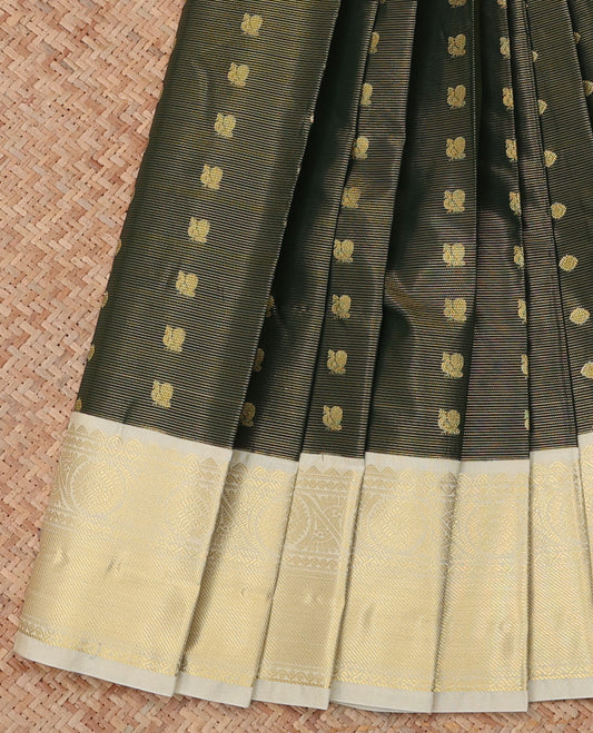 Green Budget Silk Saree, Accentuated with Peacock Buttas and Stripes, a Contrast Traditional Zari Border, Grand Pallu, and a Contrast Blouse