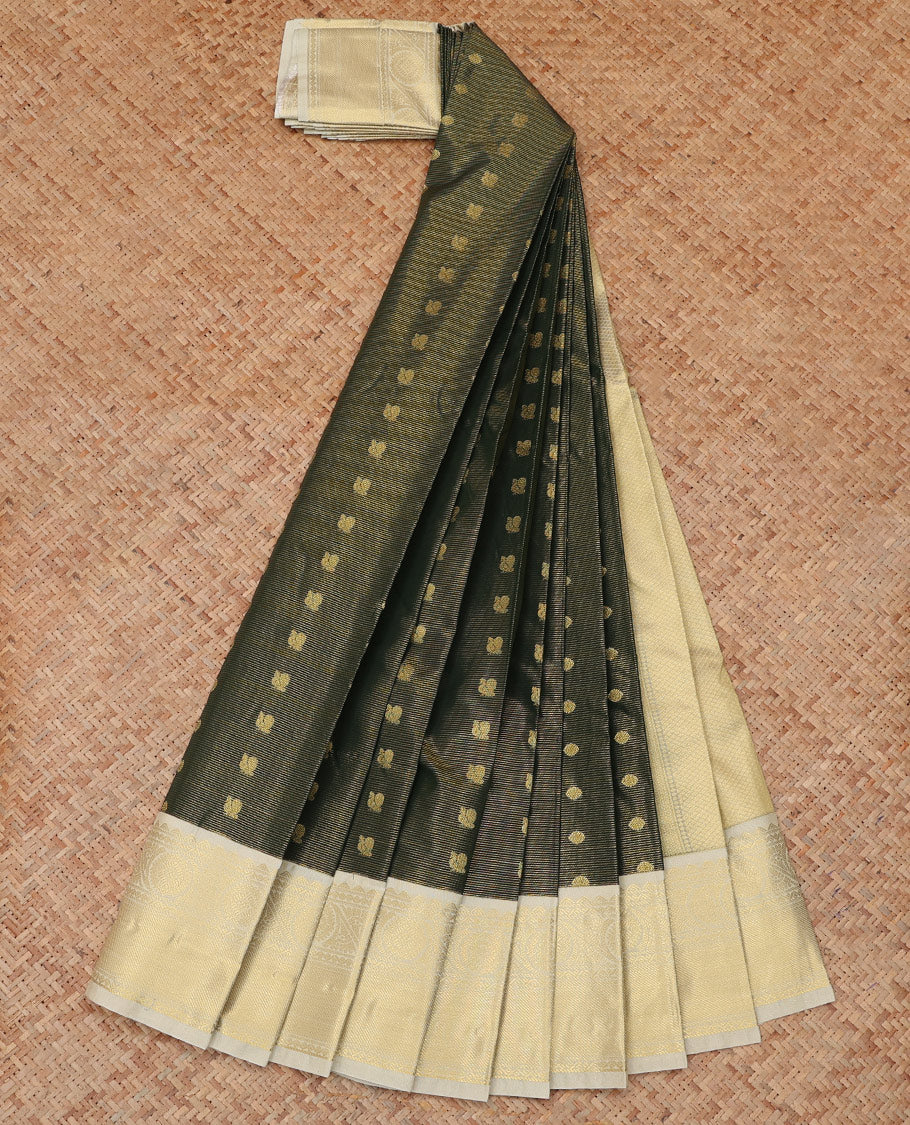 Green Budget Silk Saree, Accentuated with Peacock Buttas and Stripes, a Contrast Traditional Zari Border, Grand Pallu, and a Contrast Blouse