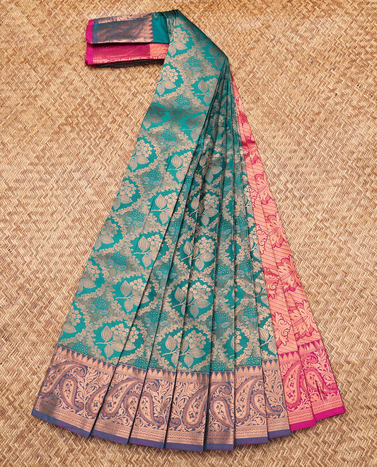 Blue Budget Silk Saree, Embellished with Jacquard Design, Contrast Paisley Zari Border, Grand Pallu, and a Contrast Blouse