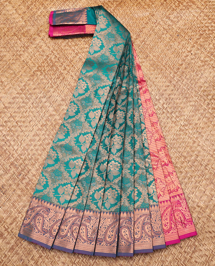 Blue Budget Silk Saree, Embellished with Jacquard Design, Contrast Paisley Zari Border, Grand Pallu, and a Contrast Blouse