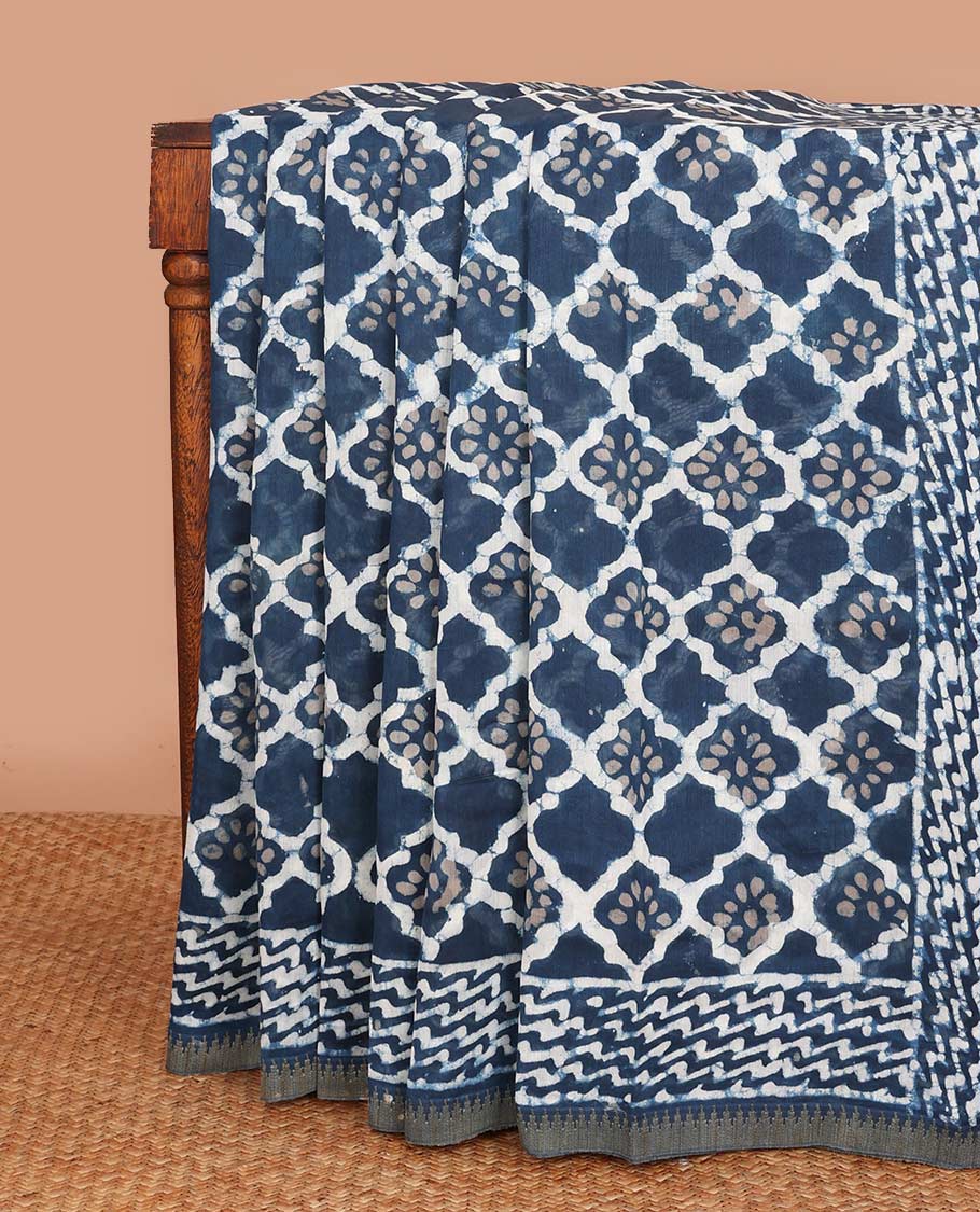 Blue batik style ogee printed mul mul cotton saree, batik printed border, and pallu of geometric print