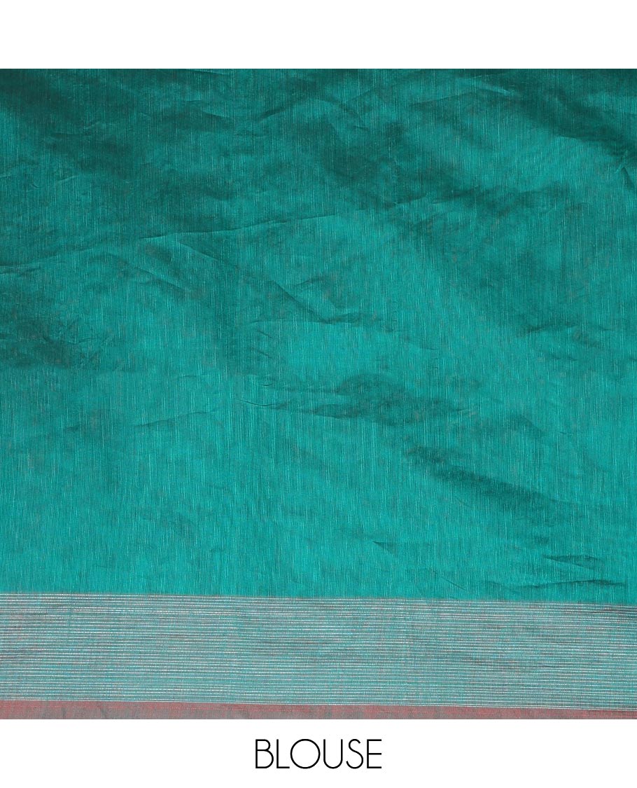 Green square buttas woven semi-silk cotton saree, zari buttas woven border, and intricate pallu