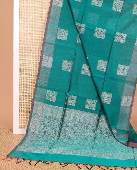 Green square buttas woven semi-silk cotton saree, zari buttas woven border, and intricate pallu