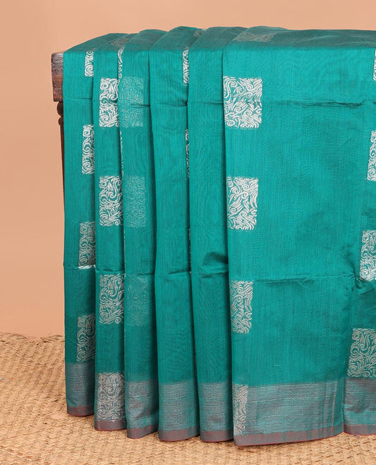 Green square buttas woven semi-silk cotton saree, zari buttas woven border, and intricate pallu
