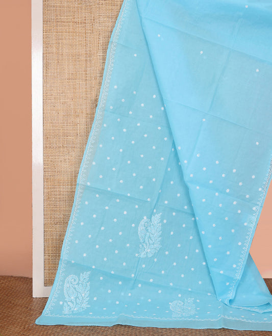 Blue Lucknowi Chikankari Cotton Saree, Subtly Enriched with Motifs Embroidery on Its Body, Subtle Embroidery Border, Pallu of Floral Embroidery, and Comes Without a Blouse