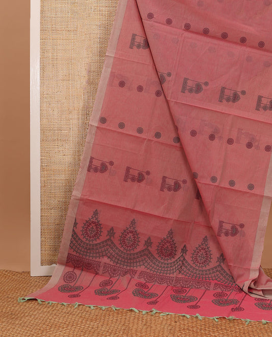 Pink unique  buttas Coimbatore cotton saree, plain border & uniquely designed pallu