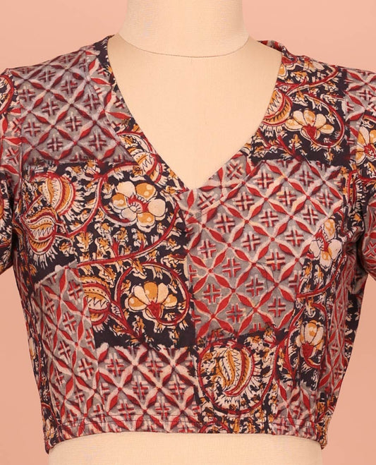 Black and Grey Cotton Readymade Blouse Subtly Sparked with All-Over Floral Vine and Jaal Motifs Print, Featuring a Front V-Neck, a Closed Back Neck, and Elbow Sleeves