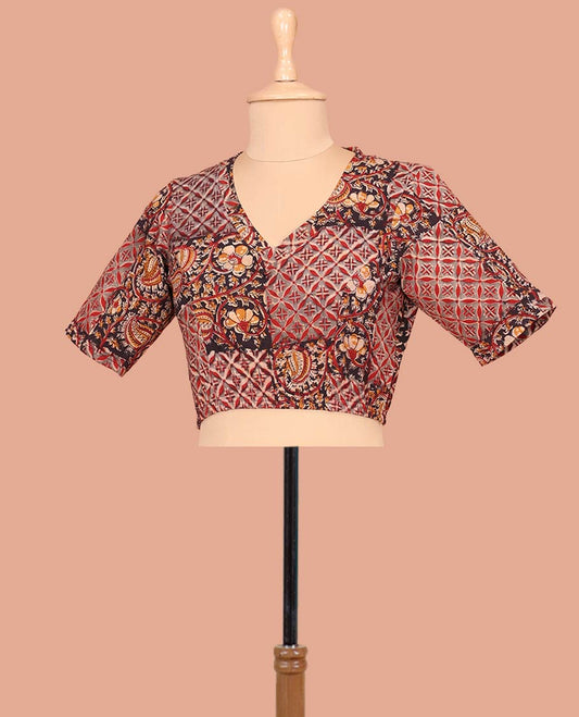 Black and Grey Cotton Readymade Blouse Subtly Sparked with All-Over Floral Vine and Jaal Motifs Print, Featuring a Front V-Neck, a Closed Back Neck, and Elbow Sleeves