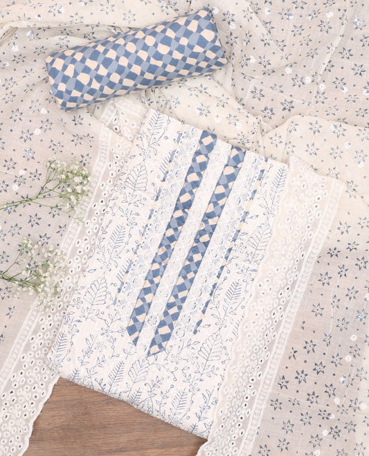 White cotton chudidhar material set, floral printed top, contrast geometric printed bottom & floral printed dupatta