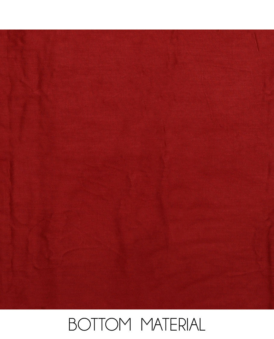 Cherry red material chudidar set, floral printed with French knot embroidered top, plain bottom, and dupatta of stripes and floral print