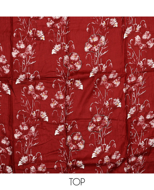 Cherry red material chudidar set, floral printed with French knot embroidered top, plain bottom, and dupatta of stripes and floral print