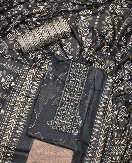 Grey Material Chudidar Set, Detailed with Abstract Print and Neck Embroidered Cotton Top, a Printed Cotton Bottom, and Paired with a Ikkat-Style Geometric Printed Cotton Dupatta