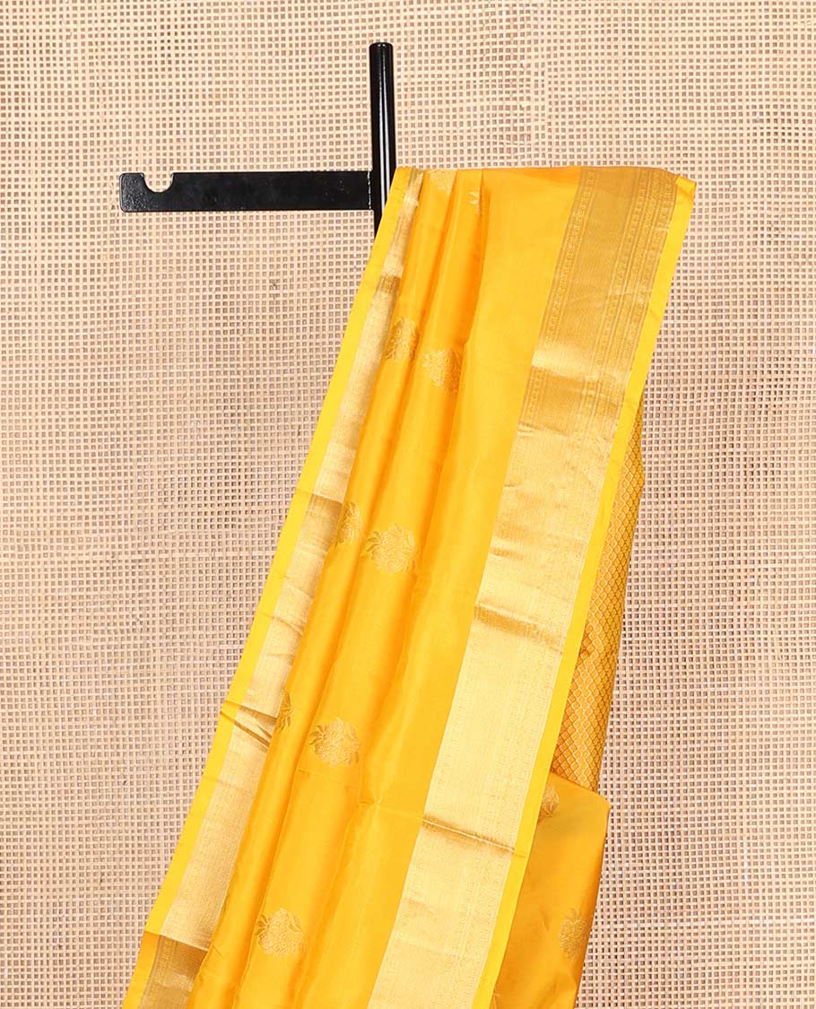 Yellow zari buttas Vasundhara silk mix saree, rettai pettu traditional zari design border & jaal pallu