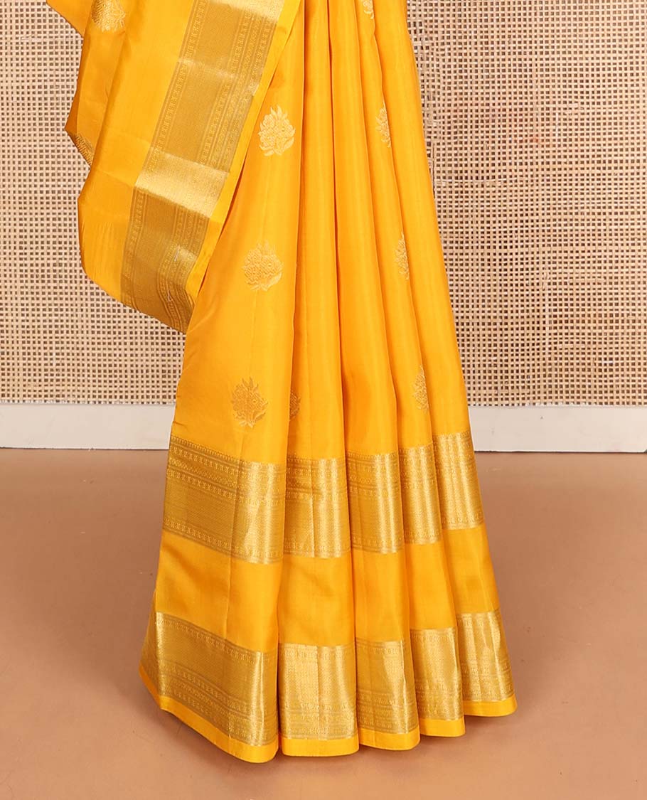 Yellow zari buttas Vasundhara silk mix saree, rettai pettu traditional zari design border & jaal pallu