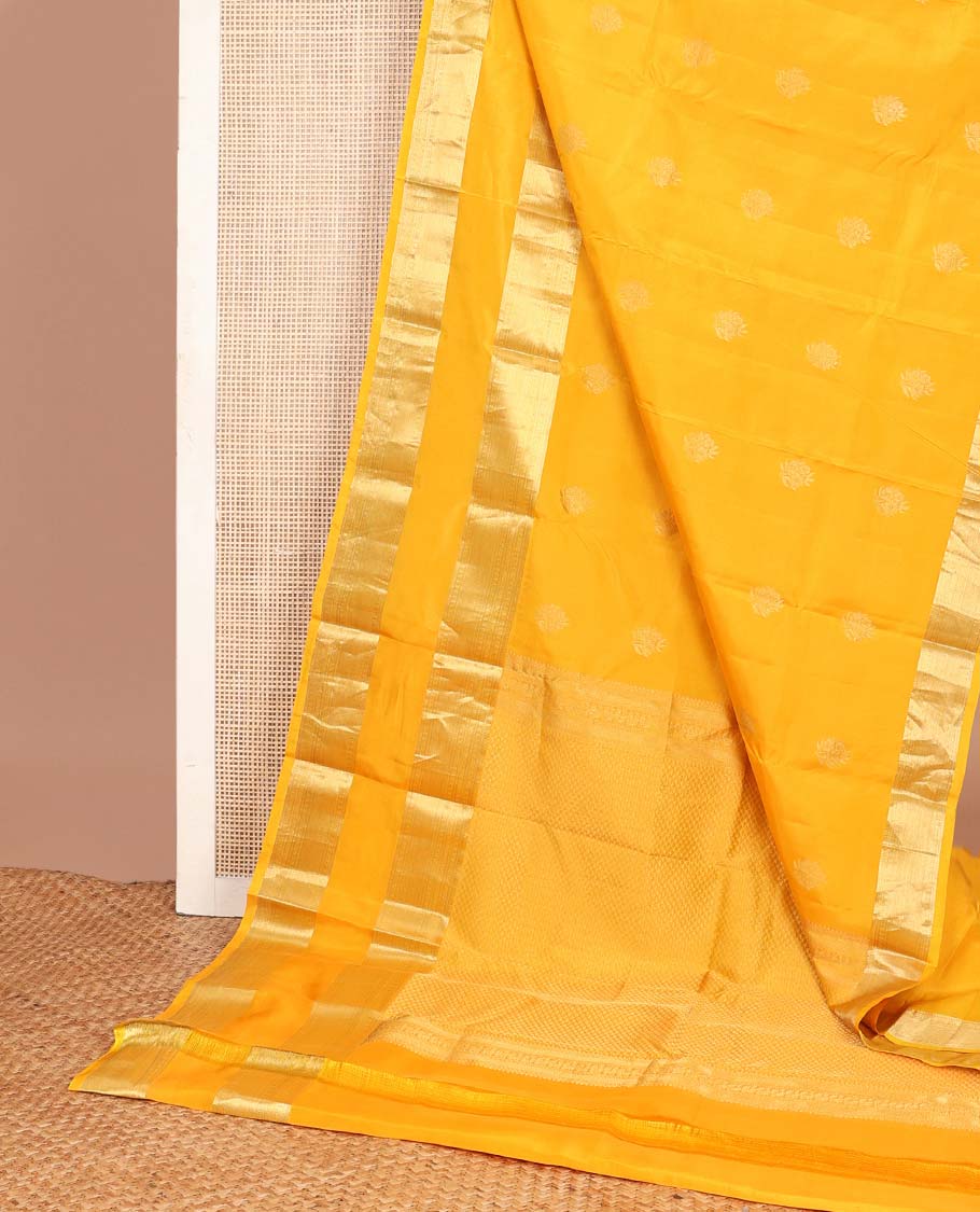 Yellow zari buttas Vasundhara silk mix saree, rettai pettu traditional zari design border & jaal pallu