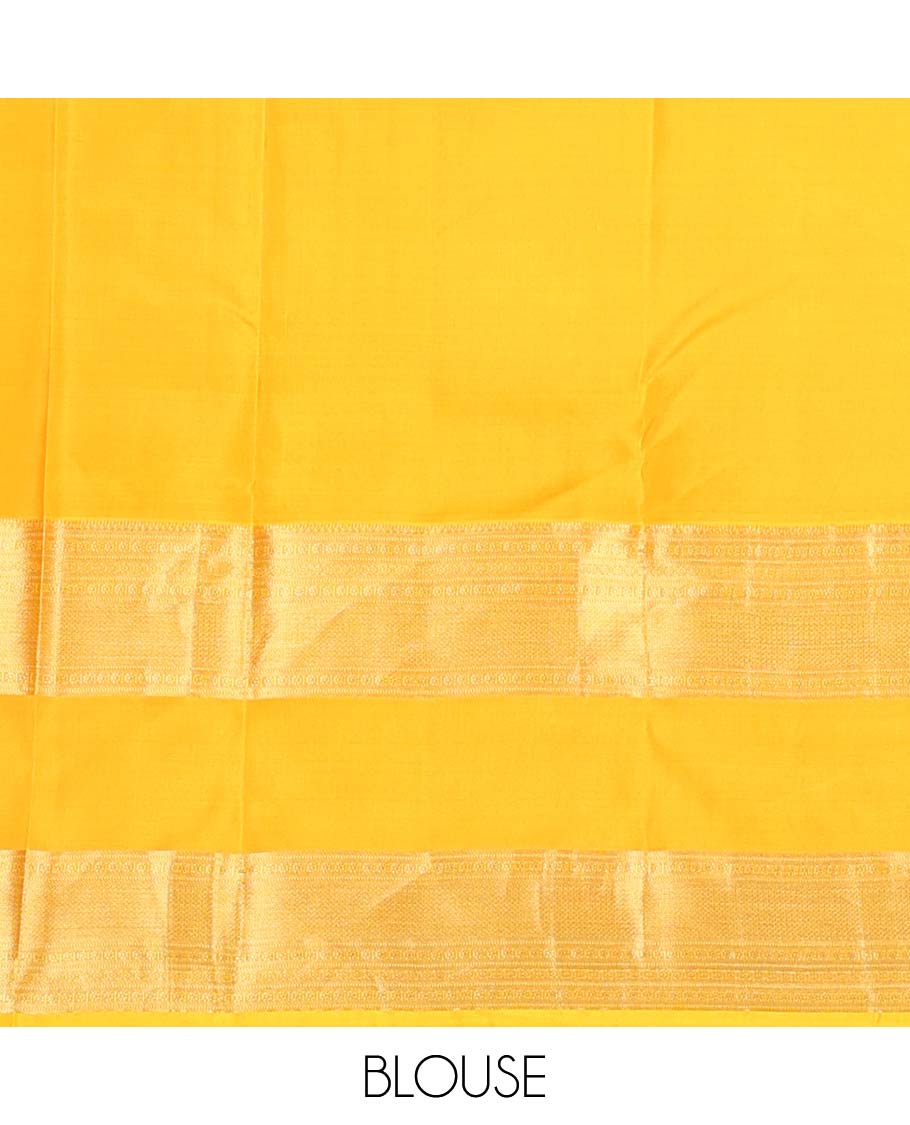 Yellow zari buttas Vasundhara silk mix saree, rettai pettu traditional zari design border & jaal pallu