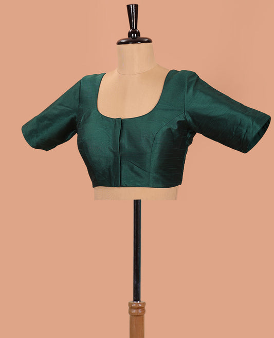Dark Green Plain Readymade Blouse Featuring a Front Round-Neck, Back Round-Neck, and Elbow Sleeves