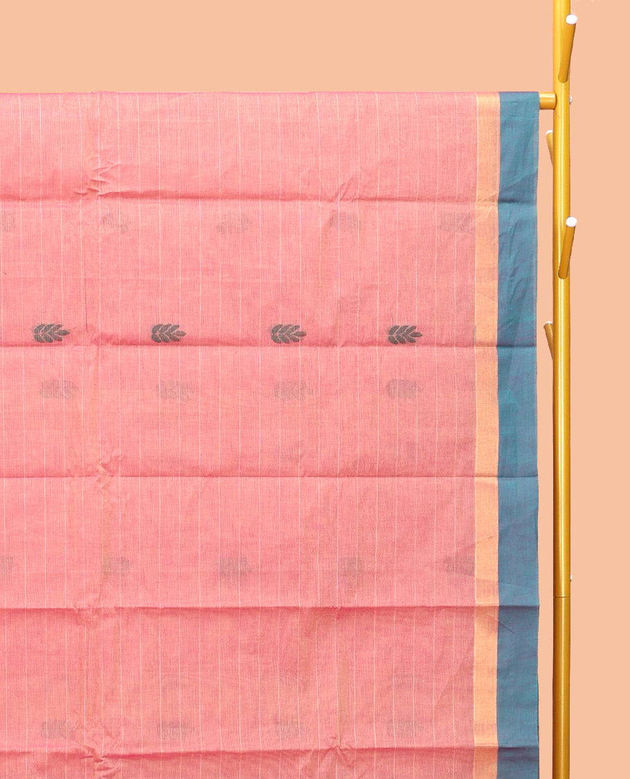 Pink Kanchi Cotton Saree, Decked Up with Buttas and Stripes, Complemented by a Contrast Border, Floral Pallu, and a Matching Blouse