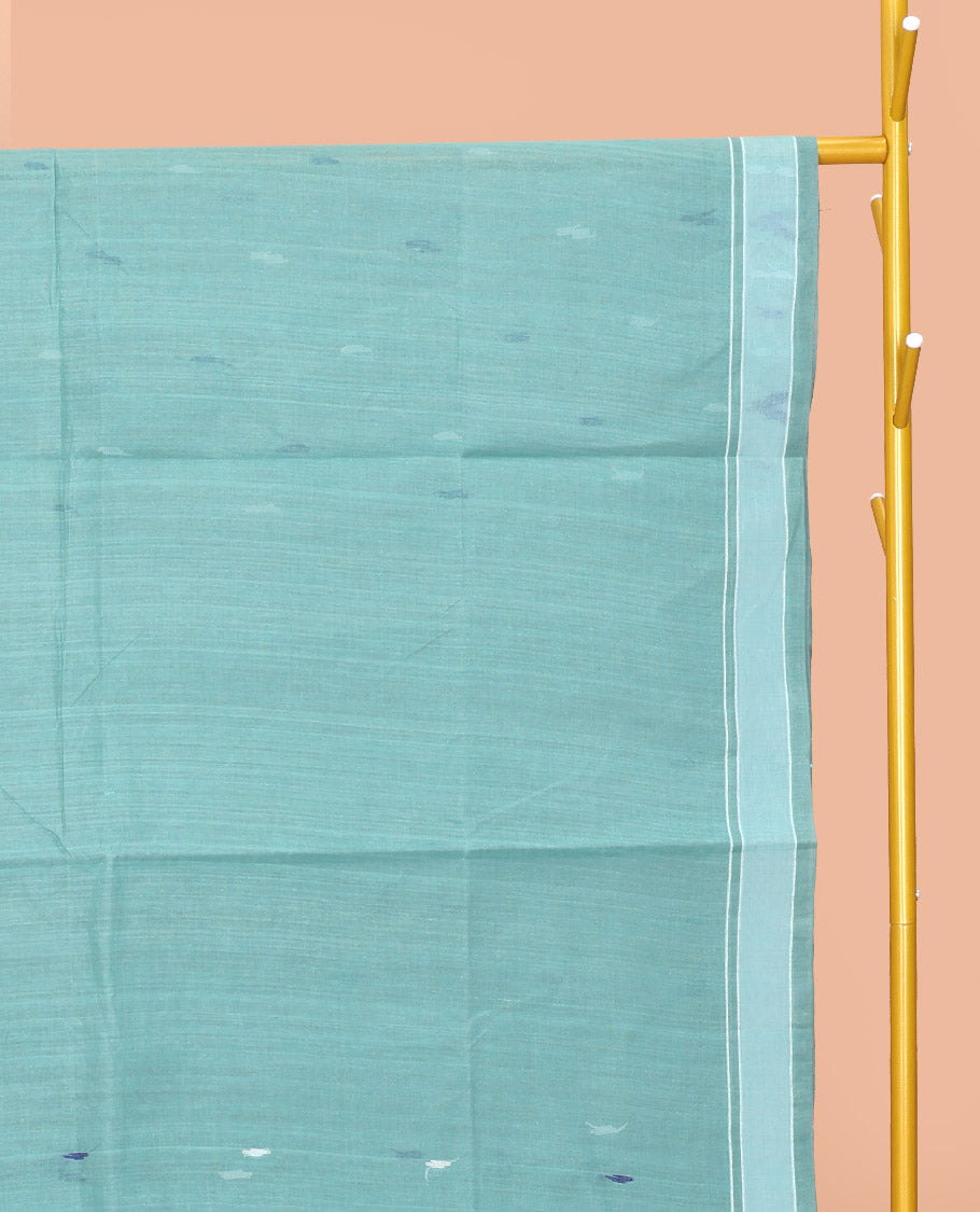 Blue Bengal Cotton Saree, Steeped with Thread Buttas, a Subtle Border, a Pallu of Stripes, and Buttas, and a Matching Blouse