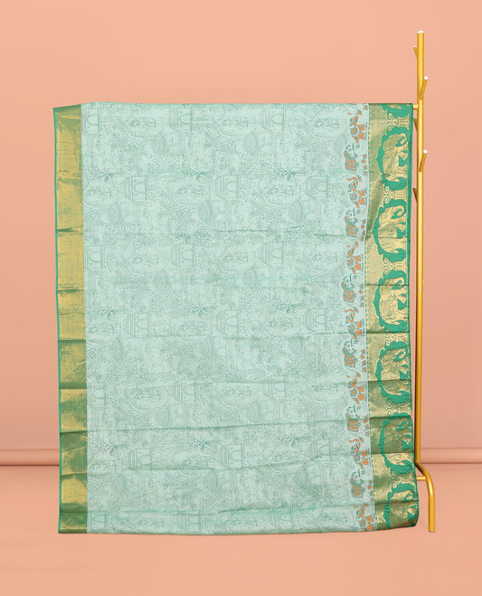 Green Andhra Cotton Saree, Beautified with Village-Themed Print, a Contrast Elephant Zari Border, a Pallu of Patola-Print, and a Matching Blouse